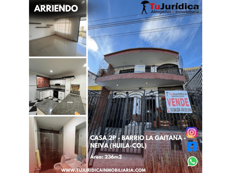 SE ARRIENDA CASA 2P - BARRIO LA GAITANA - NEIVA (HUILA-COL) - 1