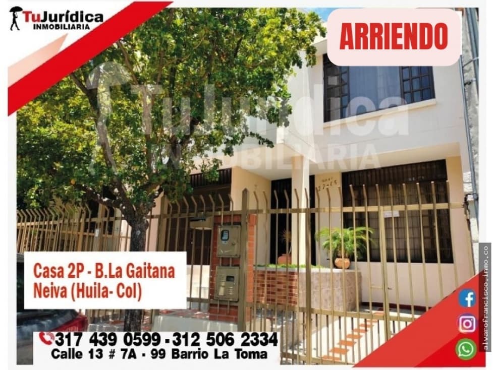 SE ARRIENDA ESPECTACULAR CASA 2P - B. LA GAITANA - NEIVA (HUILA-COL) - 1