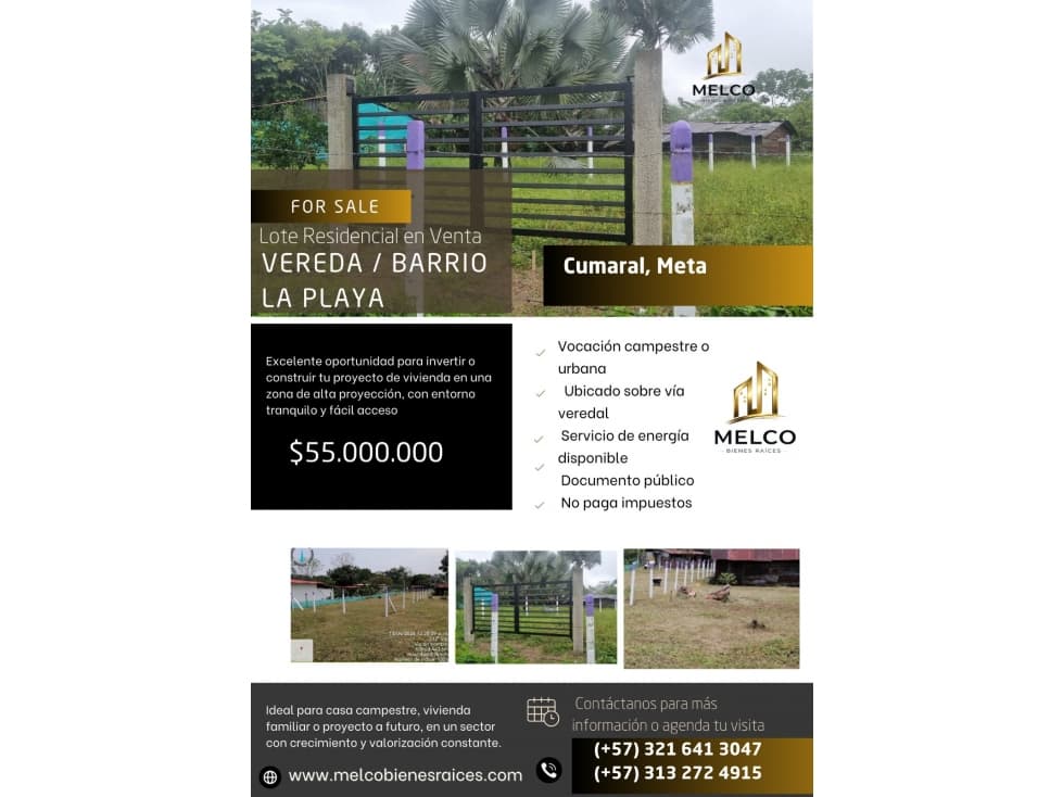LOTE RESIDENCIAL EN CUMARAL, META - 1