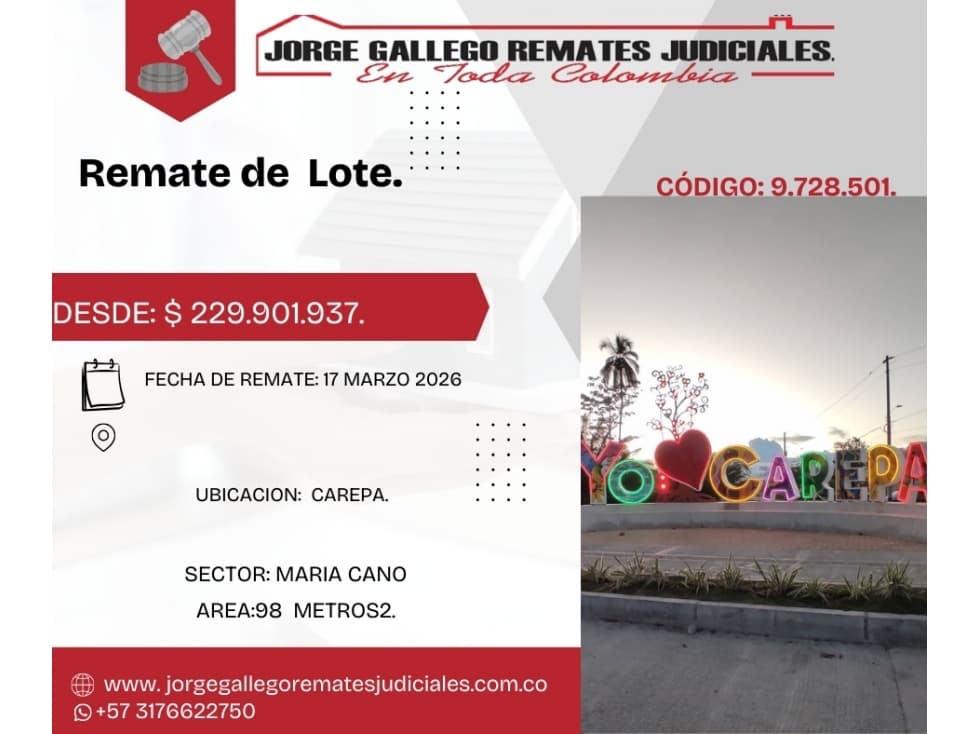 Remate* Lote De Terreno * Carepa Barrio MARIA CANO. - 1
