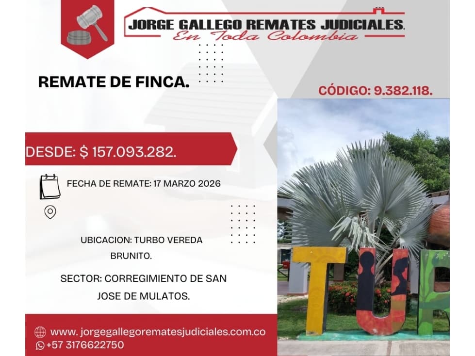 REMATE *FINCA LA FORTUNA *TURBO VEREDA BRUNITO ABAJO. - 1