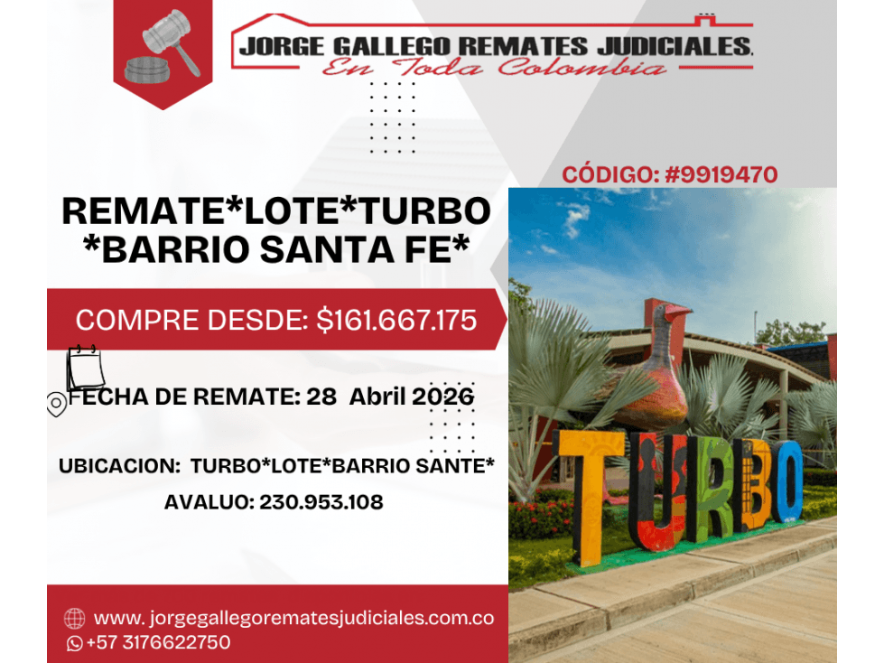 REMATE*LOTE*TURBO *BARRIO SANTA FE* - 1
