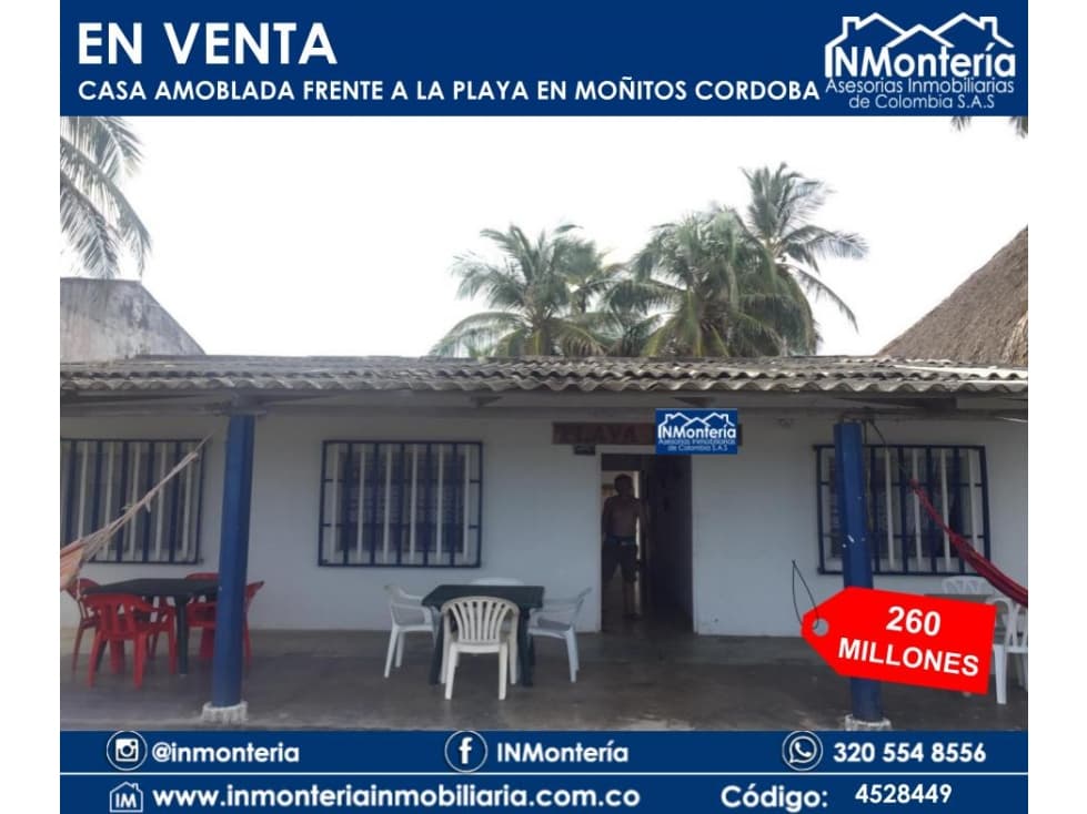 SE VENDE CASA AMOBLADA FRENTE A LA PLAYA EN MOÑITOS CORDOBA - 1